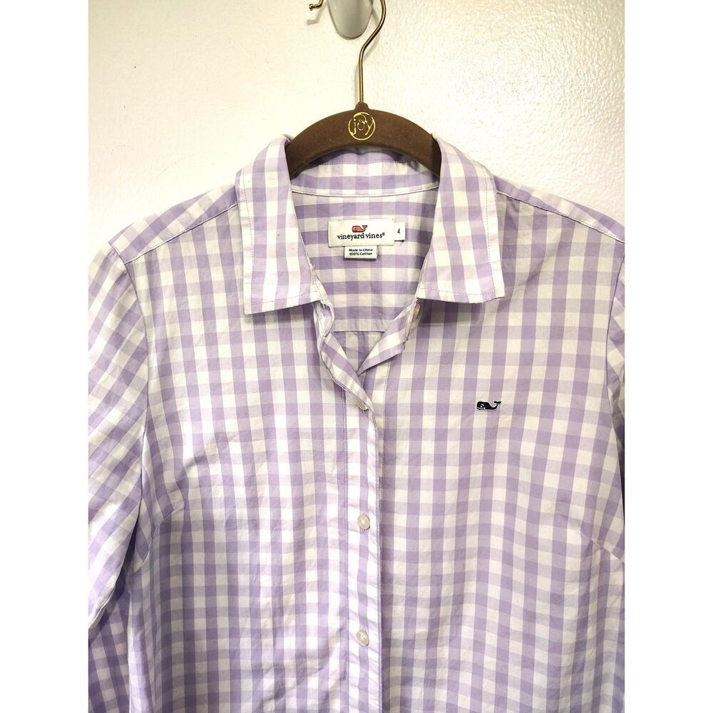 Vineyard Vines Women's Size 4 Lavender Gingham Cotton Button Down Shirt Top Logo - Picture 3 of 5